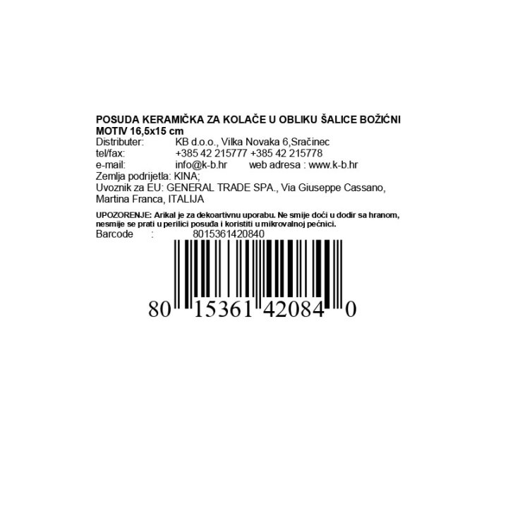 BOŽIĆNA POSUDA KERAMIČKA U OBLIKU ŠALICE 16,5x15 cm