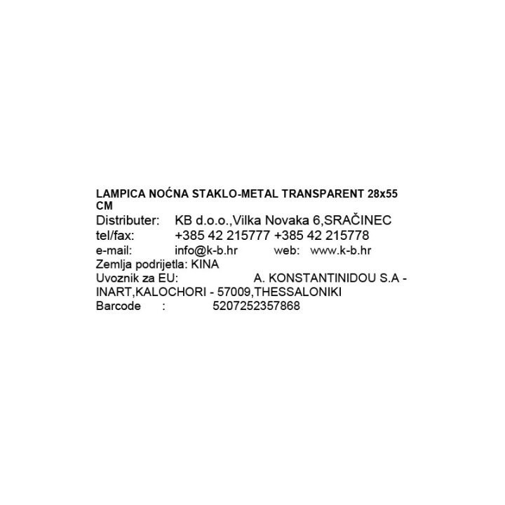 NOĆNA LAMPA STAKLO-METAL TRANSPARENT 28x55 CM