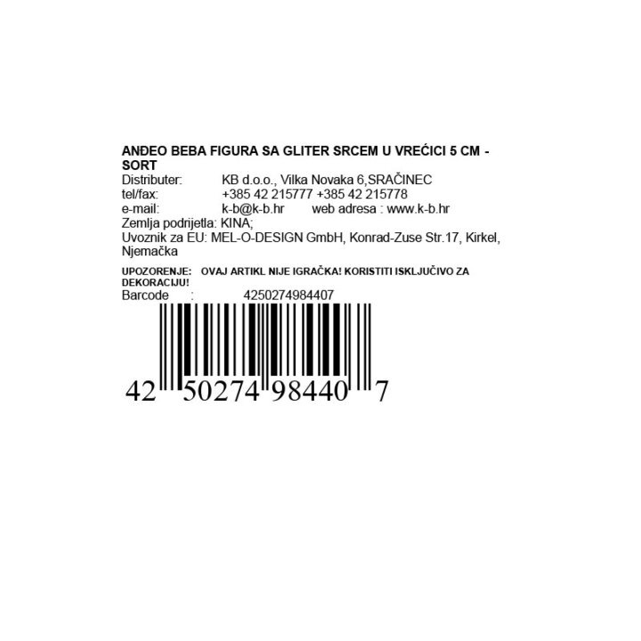 ANĐEO BEBA FIGURA SA GLITER SRCEM U VREĆICI 5 CM - SORT