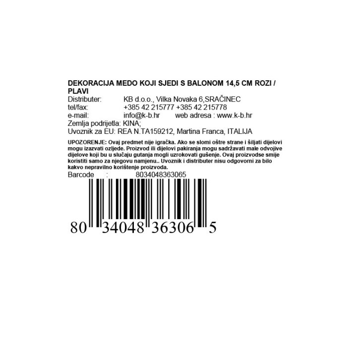 DEKORACIJA MEDO KOJI SJEDI S BALONOM 14,5 CM ROZI / PLAVI