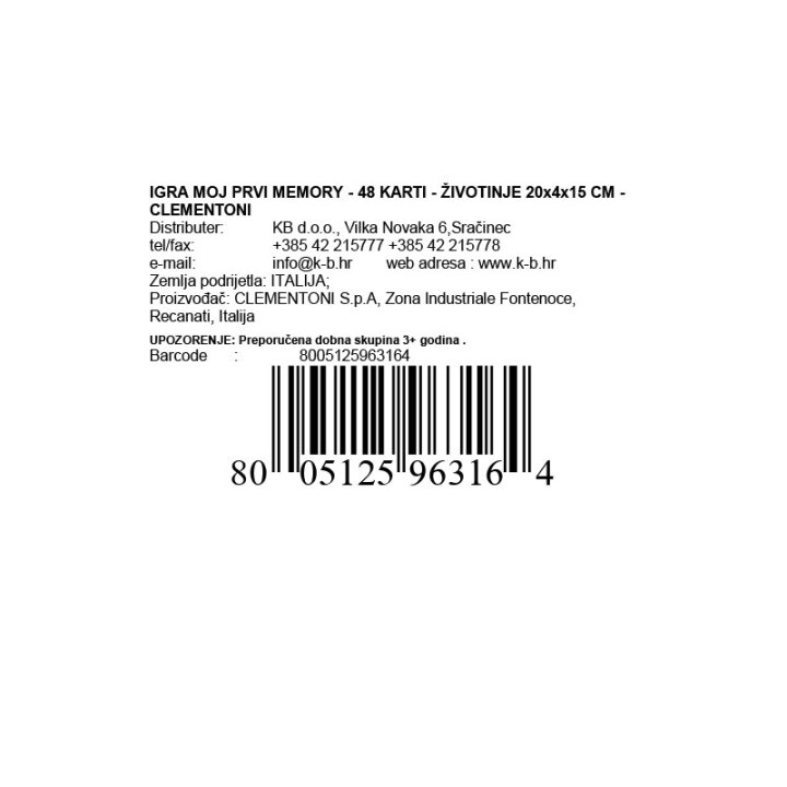 DRUŠTVENA IGRA MOJ PRVI MEMORY - 48 KARTI - ŽIVOTINJE - CLEMENTONI
