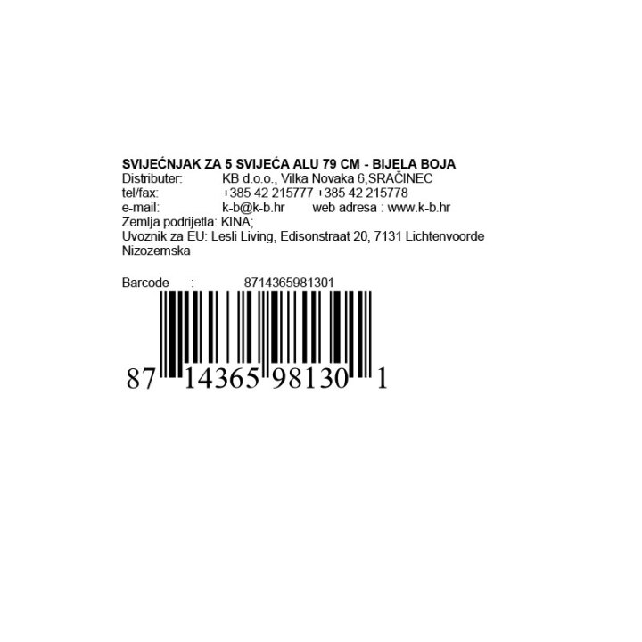 SVIJEĆNJAK ZA 5 SVIJEĆA ALU 79 CM - BIJELA BOJA