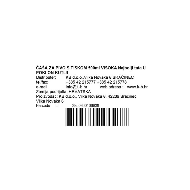 ČAŠA ZA PIVO S TISKOM 500ml VISOKA Najbolji tata u poklon kutiji