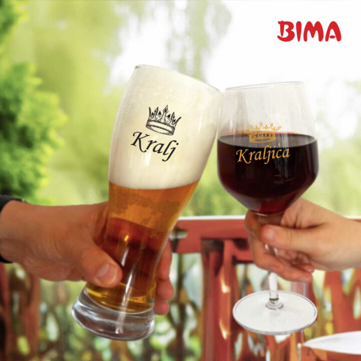 SET ČAŠA ZA VINO I PIVO S TISKOM Kralj i kraljica POKLON KUTIJA