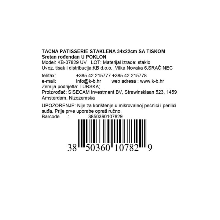 TACNA PATISSERIE STAKLENA 34x22cm SA TISKOM Sretan rođendan U POKLON