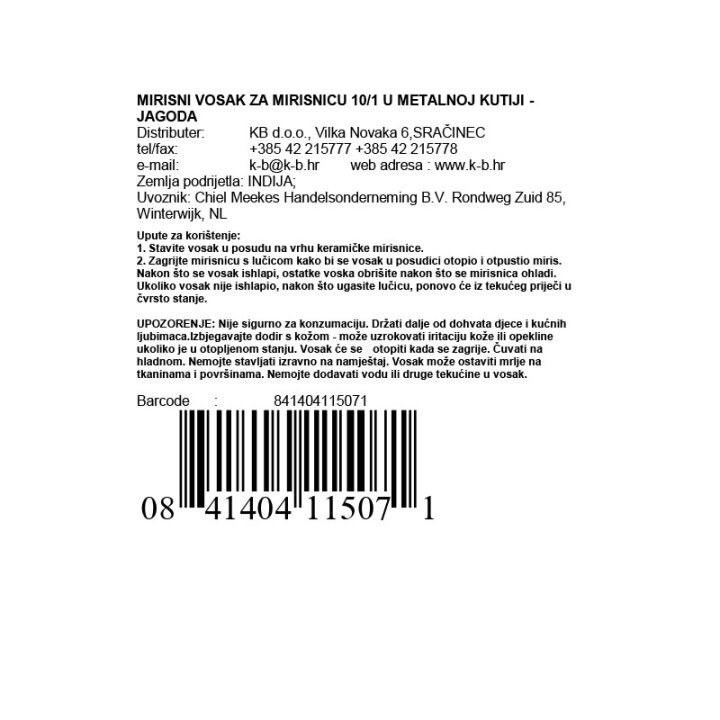 MIRISNI VOSAK ZA MIRISNICU 10/1 U METALNOJ KUTIJI - JAGODA