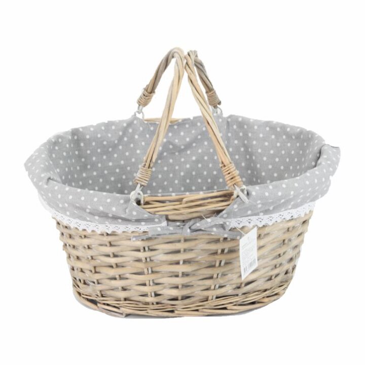 KOŠARA PLETENA OVALNA ISPRANO SIVA S PREKLOPNIM DRŠKAMA I PLATNOM 38x29x18 cm