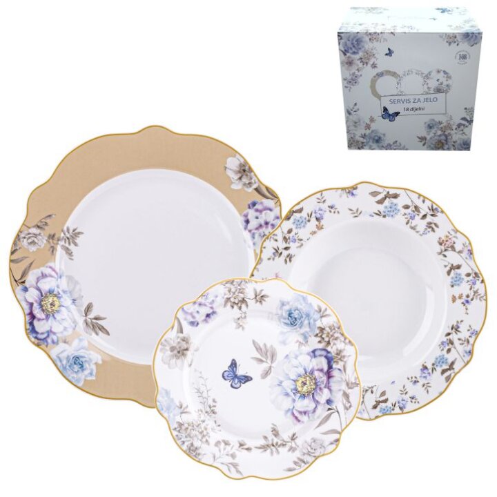 SERVIS ZA JELO 18 DIJELNI BUTTERFLY CHARM - NEW BONE DEKORIRANI - VALOVITI RUB