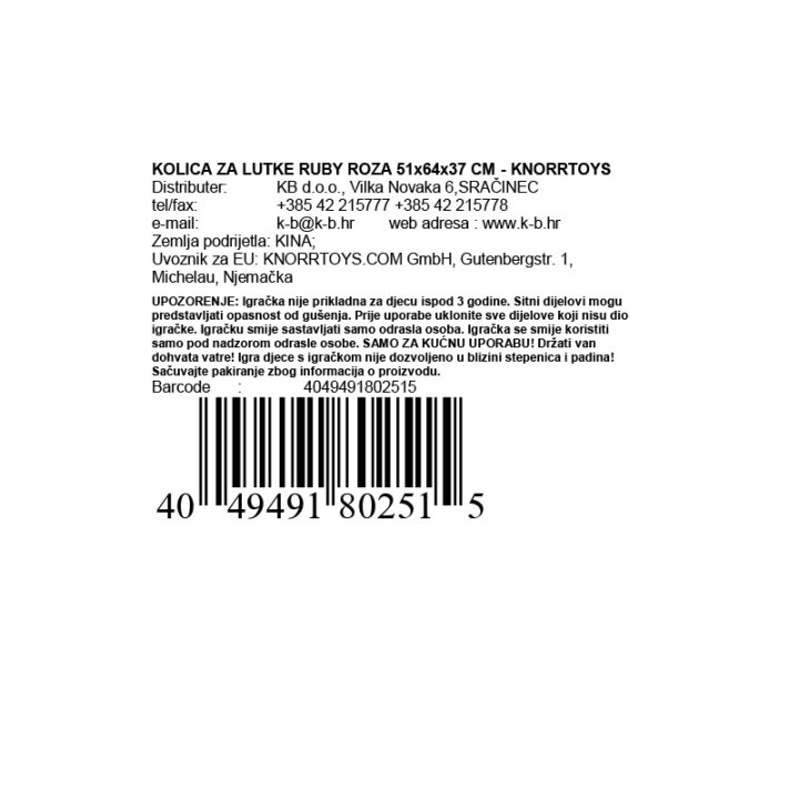 KOLICA ZA LUTKE RUBY ROZA 51x64x37 CM - KNORRTOYS