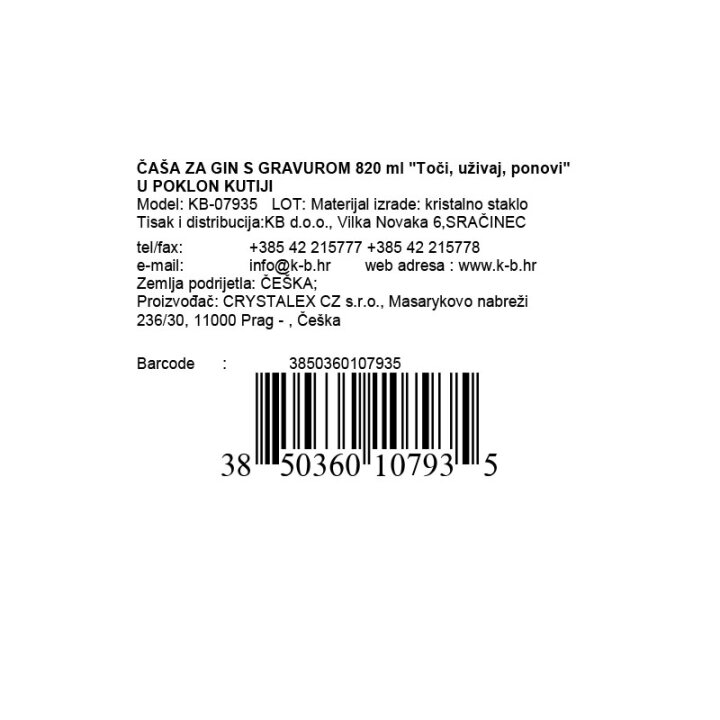 ČAŠA ZA GIN S GRAVUROM 820 ml 