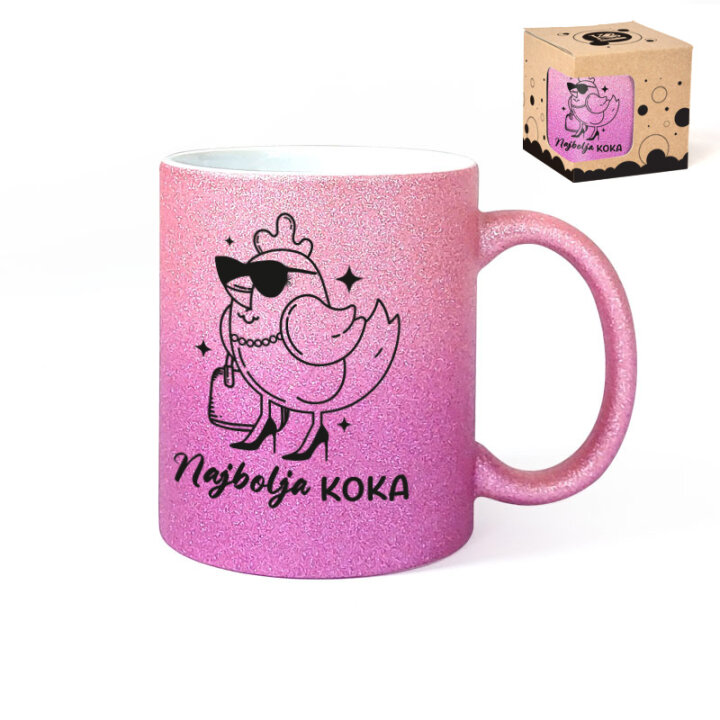ŠALICA KERAMIČKA S TISKOM U POKLON KUTIJI GLITER ROZO-LJUBIČASTA - Najbolja koka