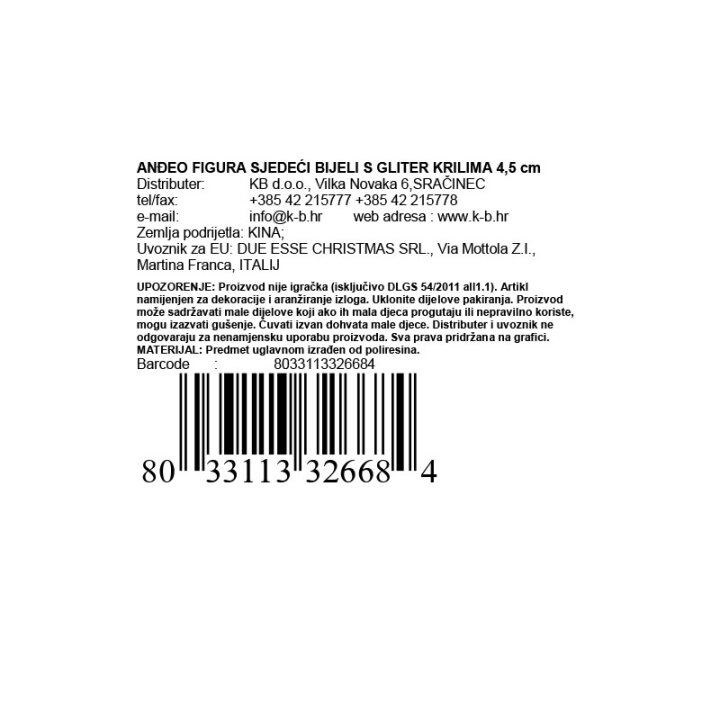 ANĐEO FIGURA SJEDEĆI BIJELI S GLITER KRILIMA 4,5 cm
