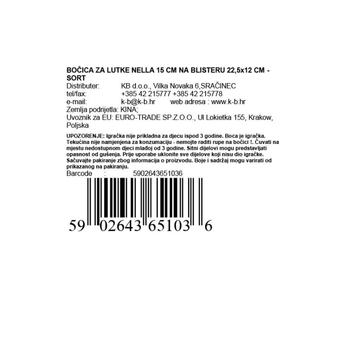 BOČICA ZA LUTKE NELLA 15 CM NA BLISTERU 22,5x12 CM - SORT