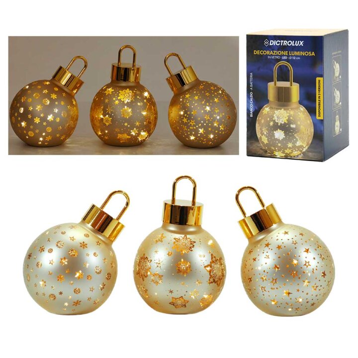 DEKORACIJA BOŽIĆNA KUGLA STAKLENA ZLATNA S LED SVJETLOM 12 cm - SORT