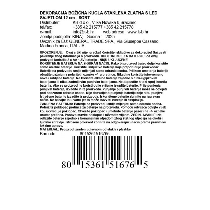 DEKORACIJA BOŽIĆNA KUGLA STAKLENA ZLATNA S LED SVJETLOM 12 cm - SORT
