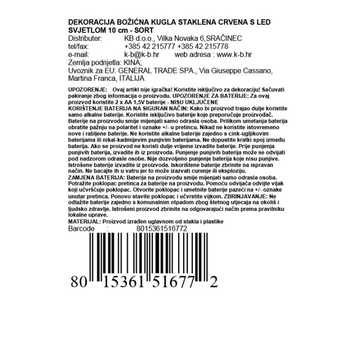 DEKORACIJA BOŽIĆNA KUGLA STAKLENA CRVENA S LED SVJETLOM 10 cm - SORT
