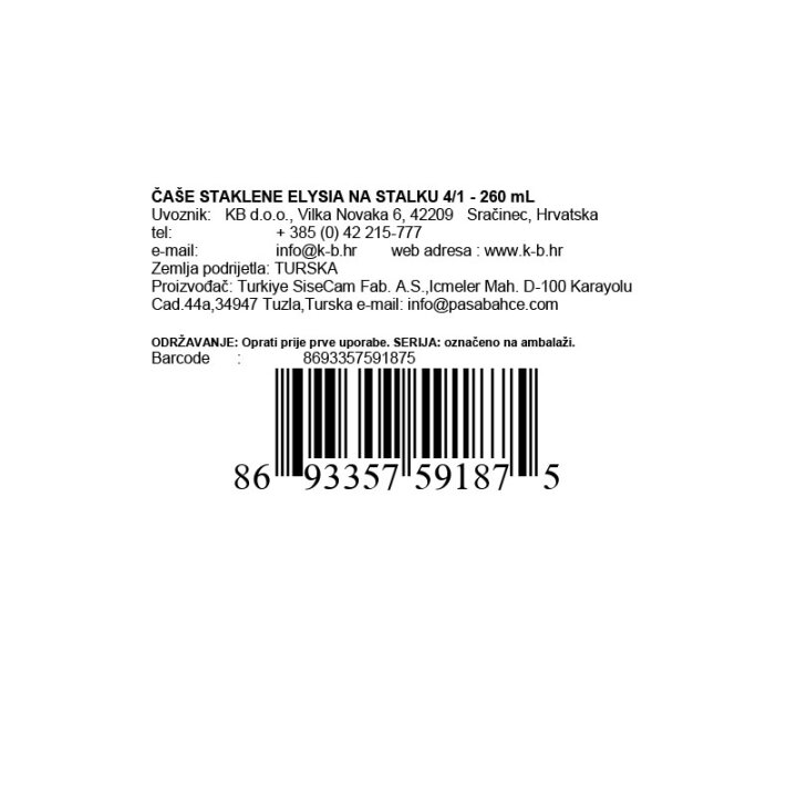 ČAŠE ELYSIA STAKLENE NA STALKU 4/1 - 260 mL