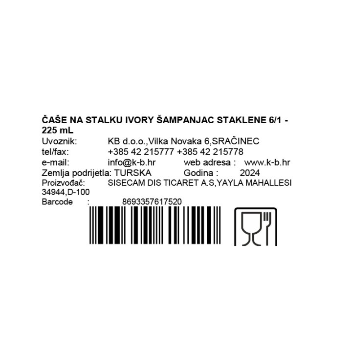 ČAŠE NA STALKU IVORY ŠAMPANJAC STAKLENE 6/1 - 225 mL