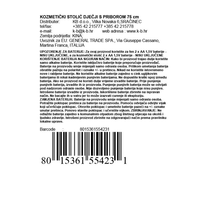 KOZMETIČKI STOLIĆ DJEČJI S PRIBOROM 75 cm SA SVJETLOM I ZVUKOM