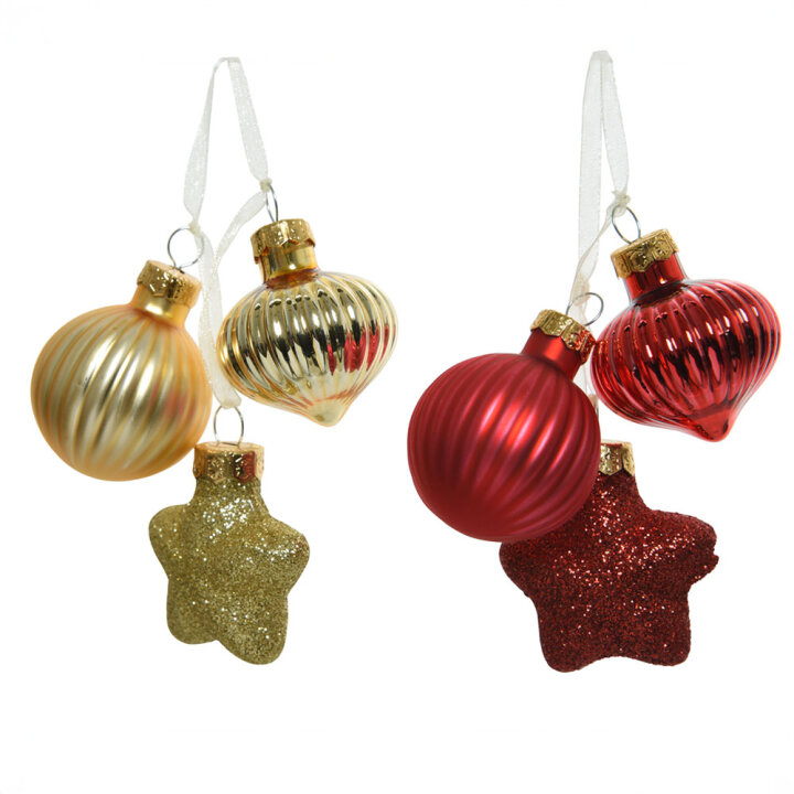 DEKORACIJE ZA BOR STAKLENE 3/1 ZLATNE / CRVENE 3,5x4x11,5cm  SJAJ / MAT /GLITER