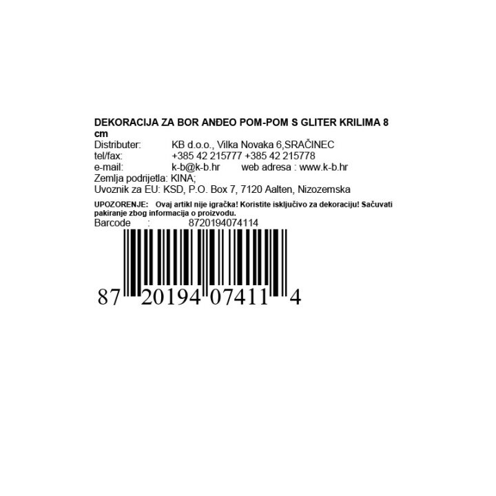 DEKORACIJA ZA BOR ANĐEO POM-POM S GLITER KRILIMA 8 cm