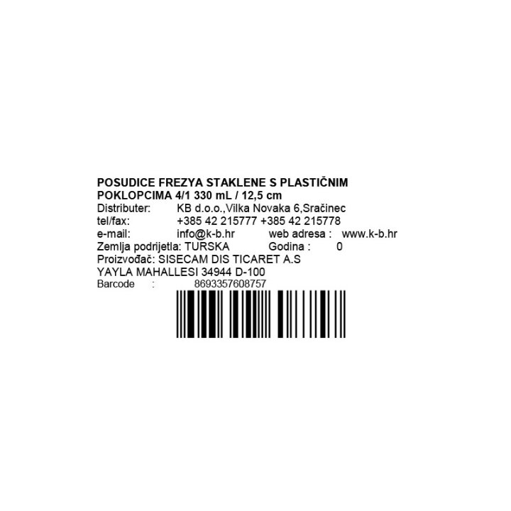 POSUDICE FREZYA STAKLENE S PLASTIČNIM POKLOPCIMA 4/1 330 mL / 12,5 cm