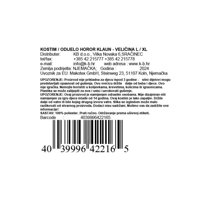 KOSTIM / ODIJELO HOROR KLAUN - VELIČINA L / XL