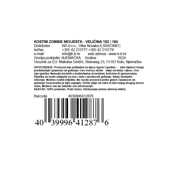 KOSTIM ZOMBIE NEVJESTA - VELIČINA 152 / 164