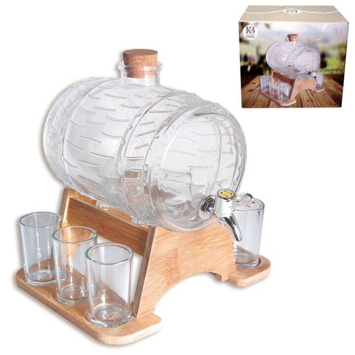 BAČVICA STAKLENA 3 L S PIPOM I 6 ČAŠICA 100 mL NA DRVENOM STALKU