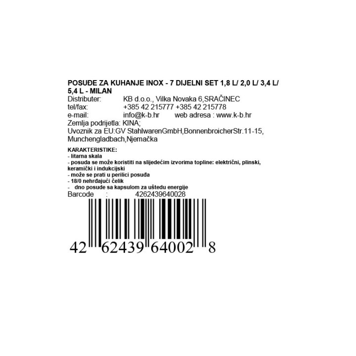 POSUĐE ZA KUHANJE INOX - 7 DIJELNI SET 1,8 L/ 2,0 L/ 3,4 L/ 5,4 L - MILAN