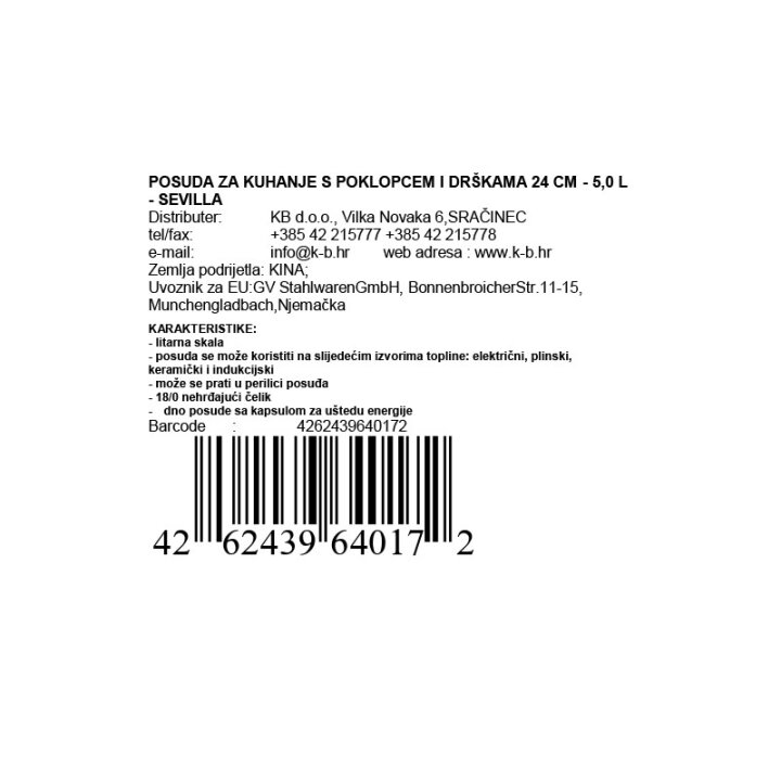 POSUDA ZA KUHANJE S POKLOPCEM I DRŠKAMA 24 CM - 5,0 L - SEVILLA
