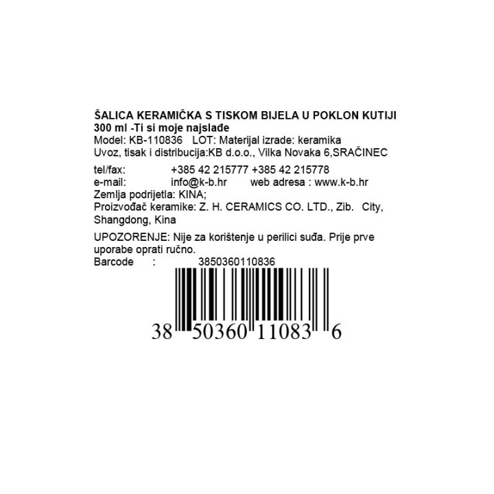 ŠALICA KERAMIČKA S TISKOM BIJELA U POKLON KUTIJI 300 ml -Ti si moje najslađe
