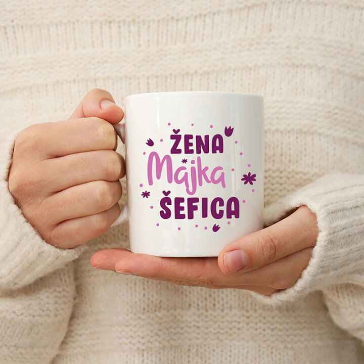 ŠALICA KERAMIČKA S TISKOM BIJELA U POKLON KUTIJI 300 ml - Žena, majka, šefica