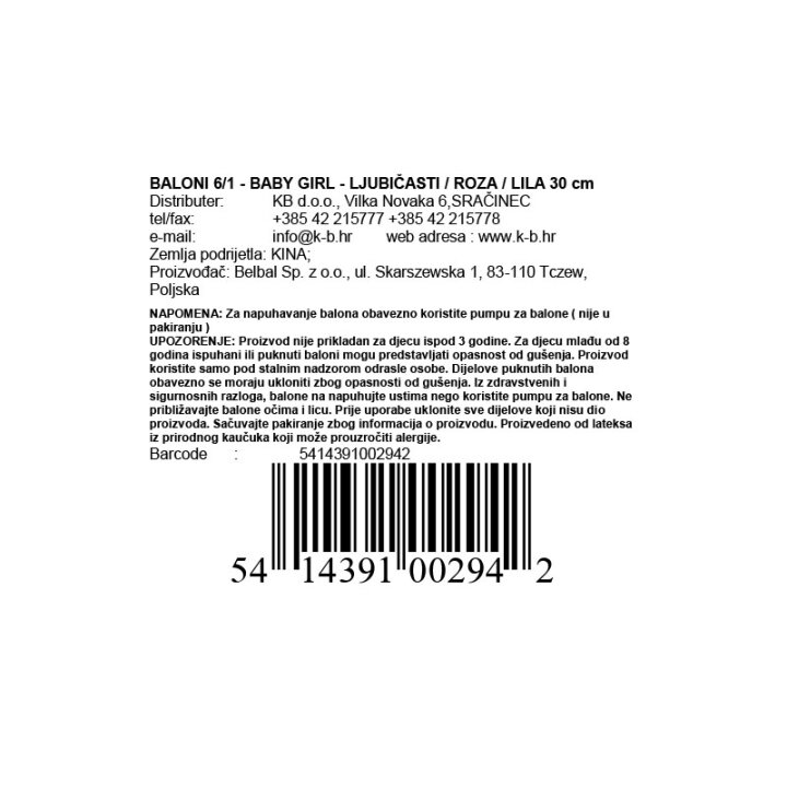 BALONI 6/1 - BABY GIRL - LJUBIČASTI / ROZA / LILA 30 cm