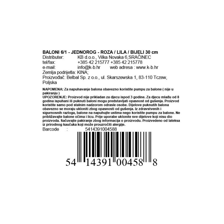 BALONI 6/1 - JEDNOROG - ROZA / LILA / BIJELI 30 cm