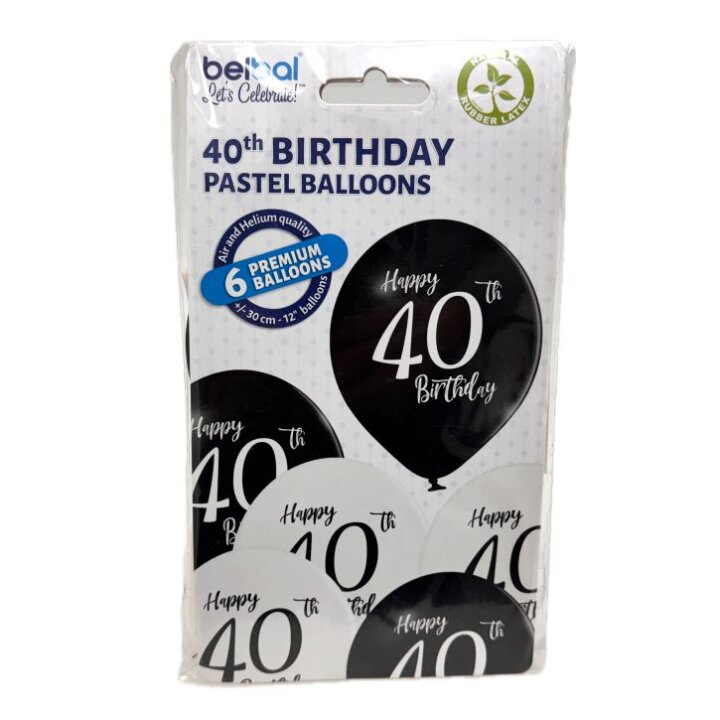 BALONI 6/1 - 40 TH BIRTHDAY - CRNI / BIJELI 30 cm