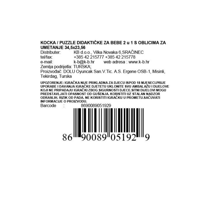 KOCKA / PUZZLE DIDAKTIČKE ZA BEBE 2 u 1 S OBLICIMA ZA UMETANJE 34,5x23,56x22 cm