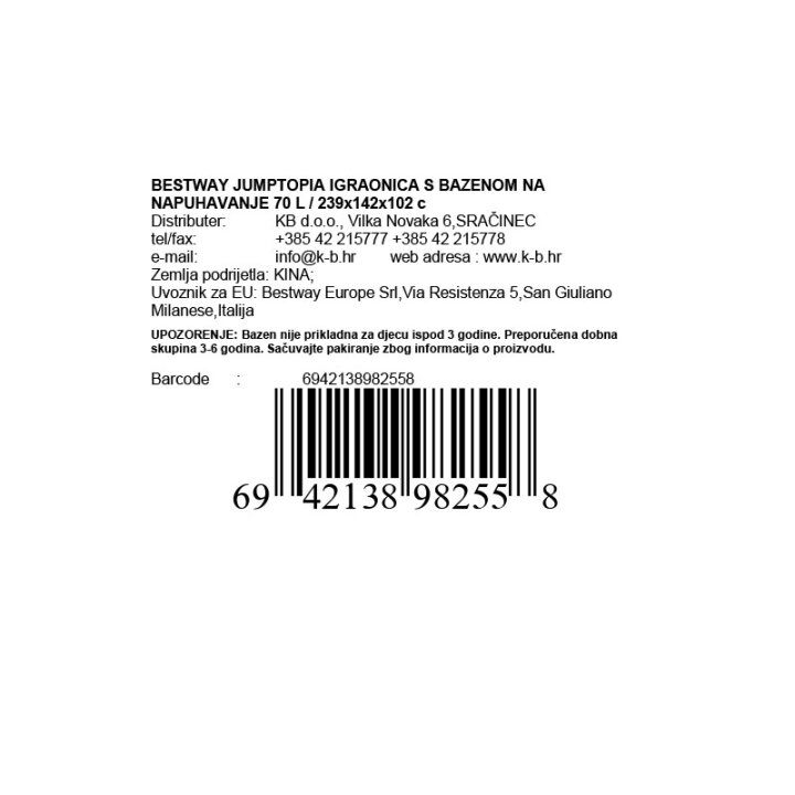 BESTWAY JUMPTOPIA IGRAONICA S BAZENOM NA NAPUHAVANJE 70 L / 239x142x102 cm