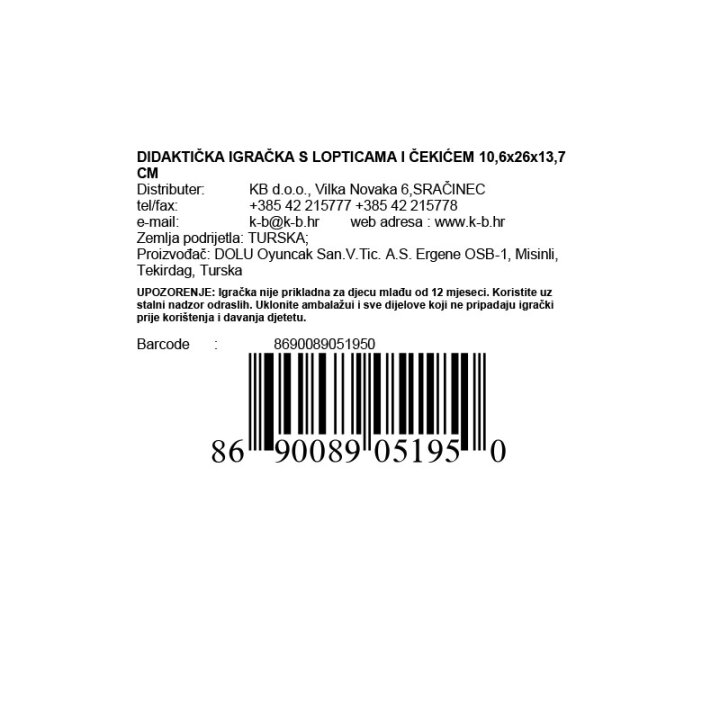 DIDAKTIČKA IGRAČKA S LOPTICAMA I ČEKIĆEM 10,6x26x13,7 CM