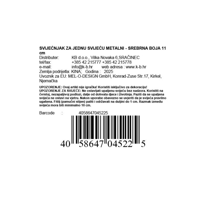 SVIJEĆNJAK ZA JEDNU SVIJEĆU METALNI - SREBRNA BOJA 11 cm