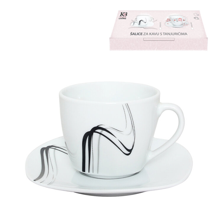 ŠALICE PORCULANSKE BLACK WAVE 6/1 S TANJURIĆIMA - ČETVRTASTE 200 mL DEKOR CRNE LINIJE