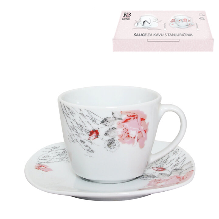 ŠALICE PORCULANSKE ROMANTICA 6/1 S TANJURIĆIMA 200 mL - CVJETNI DEKOR