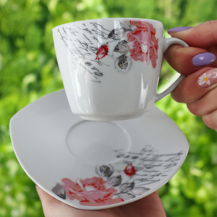 ŠALICE PORCULANSKE ROMANTICA 6/1 S TANJURIĆIMA 200 mL - CVJETNI DEKOR