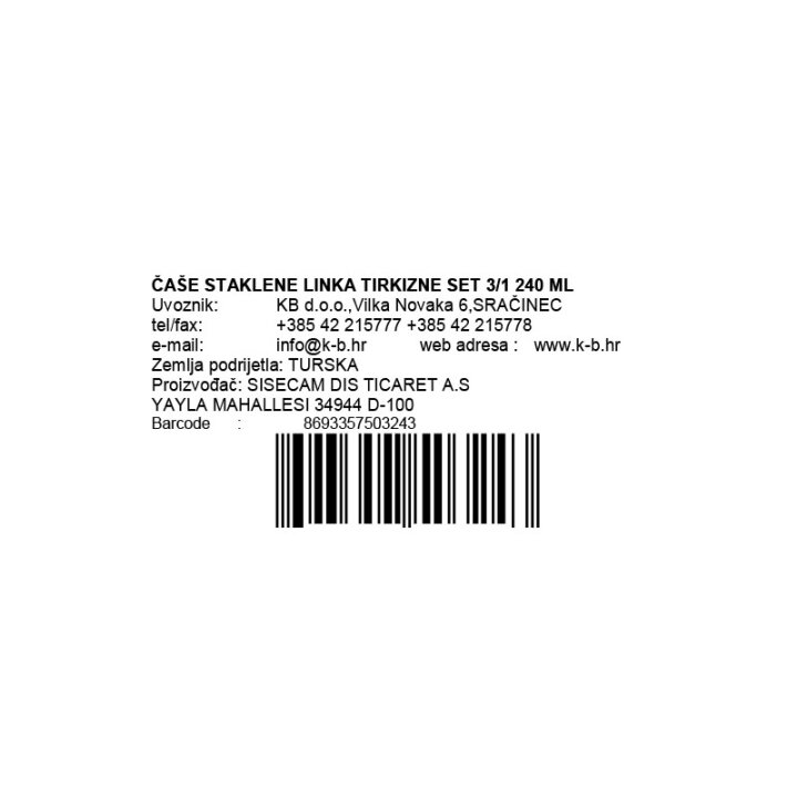 ČAŠE STAKLENE LINKA TIRKIZNE SET 3/1 240 ML