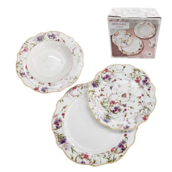 SERVIS ZA JELO 18 DIJELNI NEW BONE JARDIN DEKORIRANI - VALOVITI RUB