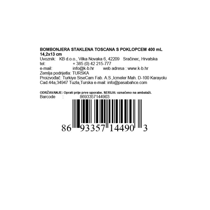 BOMBONJERA STAKLENA TOSCANA S POKLOPCEM 400 mL 14,2x13 cm