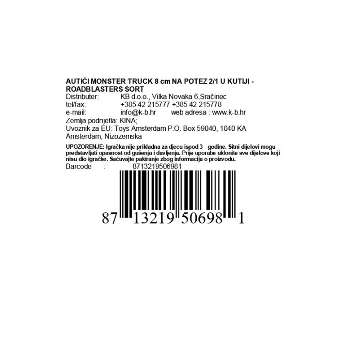 AUTIĆI MONSTER TRUCK 8 cm NA POTEZ 2/1 U KUTIJI - ROADBLASTERS SORT
