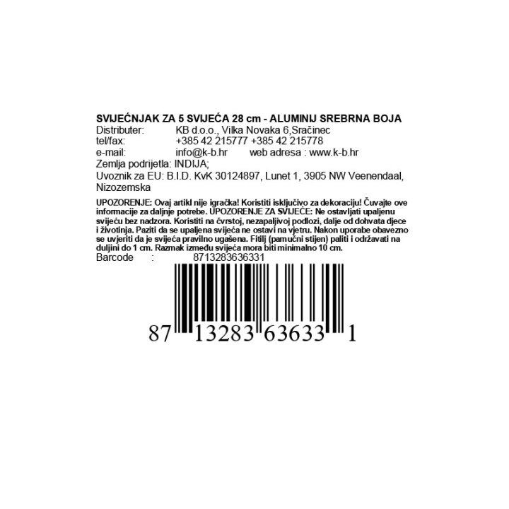 SVIJEĆNJAK ZA 5 SVIJEĆA 28 cm - ALUMINIJ SREBRNA BOJA