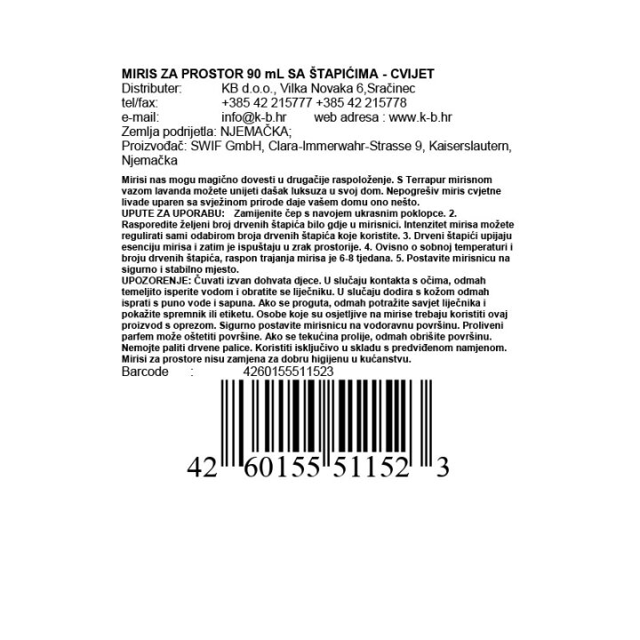 MIRIS ZA PROSTOR 90 mL SA ŠTAPIĆIMA - CVIJET