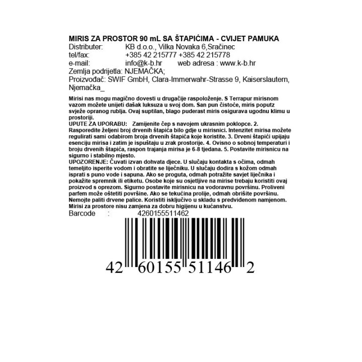 MIRIS ZA PROSTOR 90 mL SA ŠTAPIĆIMA - CVIJET PAMUKA